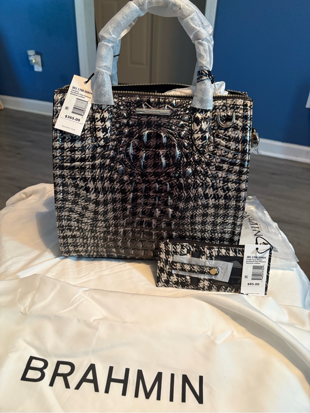 Brahmin Black & White Houndstooth Embossed Leather Satchel with Card Case
